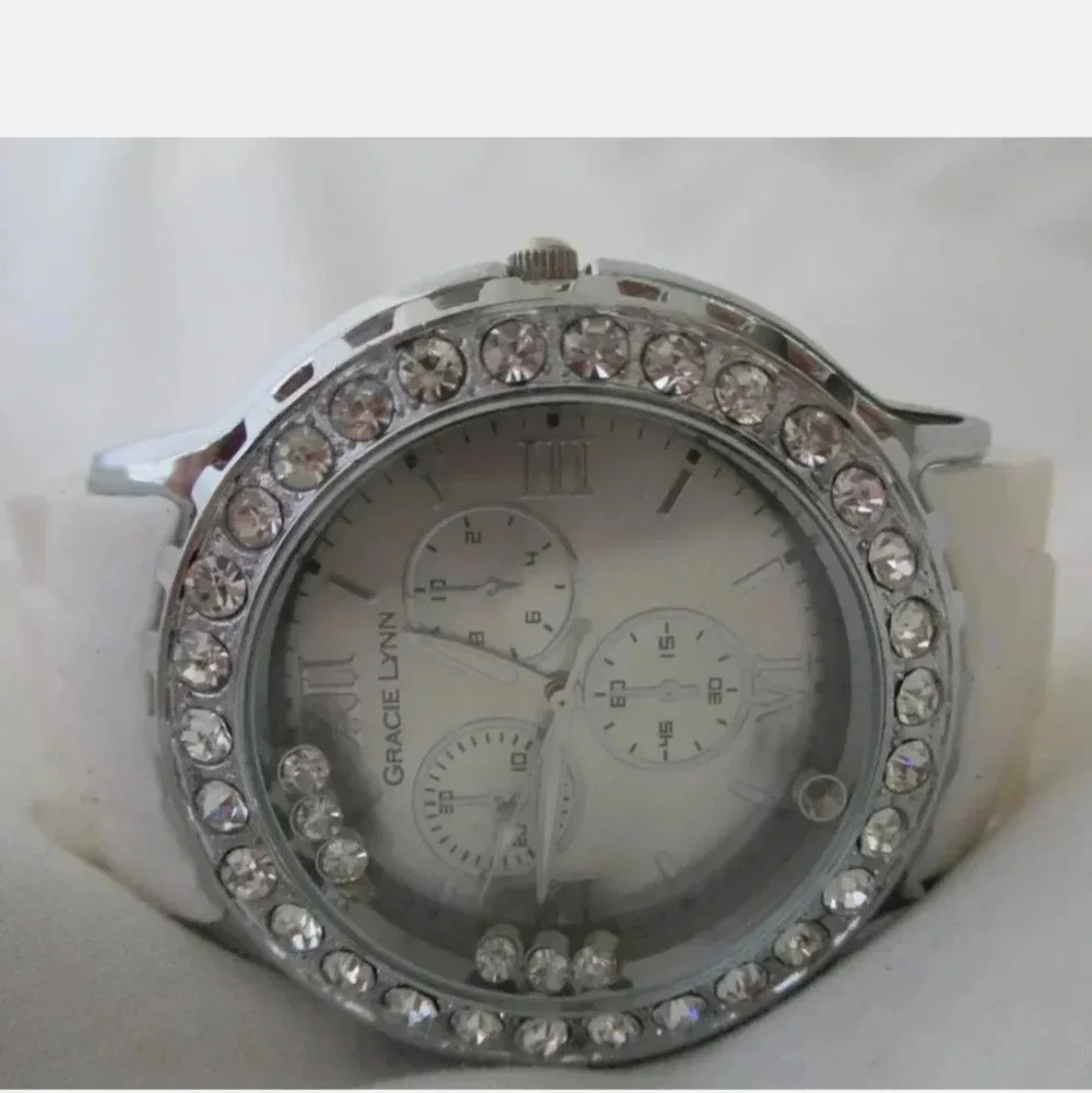 Gracie Lynn Watch White Buckle Band Round Face Silver Toned Rhinestones